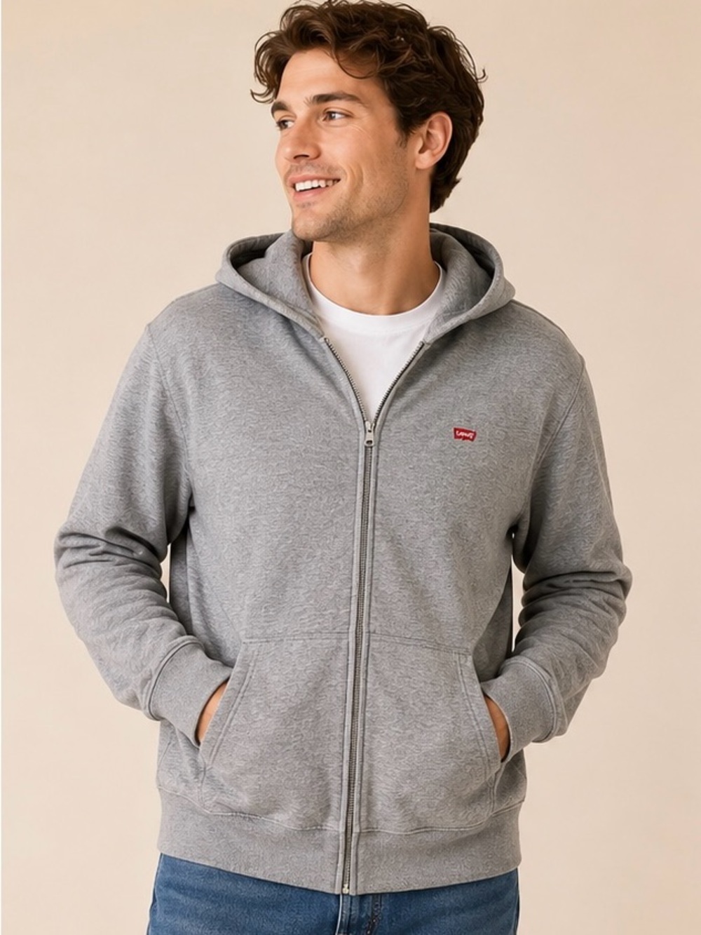 Levi’s Men’s Large Gray Full Zip Hoodie Fleece Lined Red Tab Sweatshirt